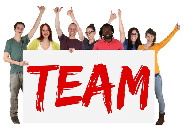 Team group of young multi ethnic people holding banner — Stock Photo, Image