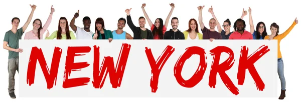 New York group of young multi ethnic people holding banner — Stock Photo, Image