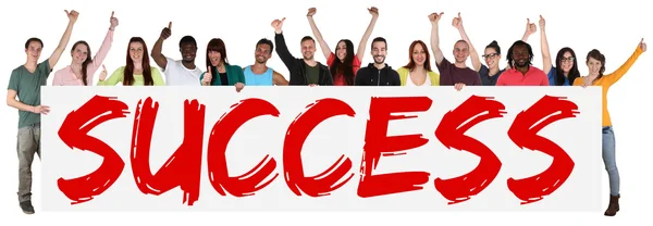 Succes succesvolle groep van jonge multi etnische mensen houden ba — Stockfoto