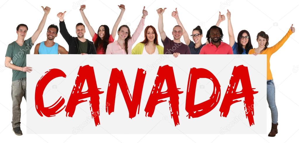 Canada immigration group of young multi ethnic people holding ba