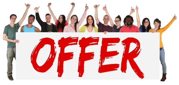 Special offer sign group of young people sale while shopping — Stock Photo, Image