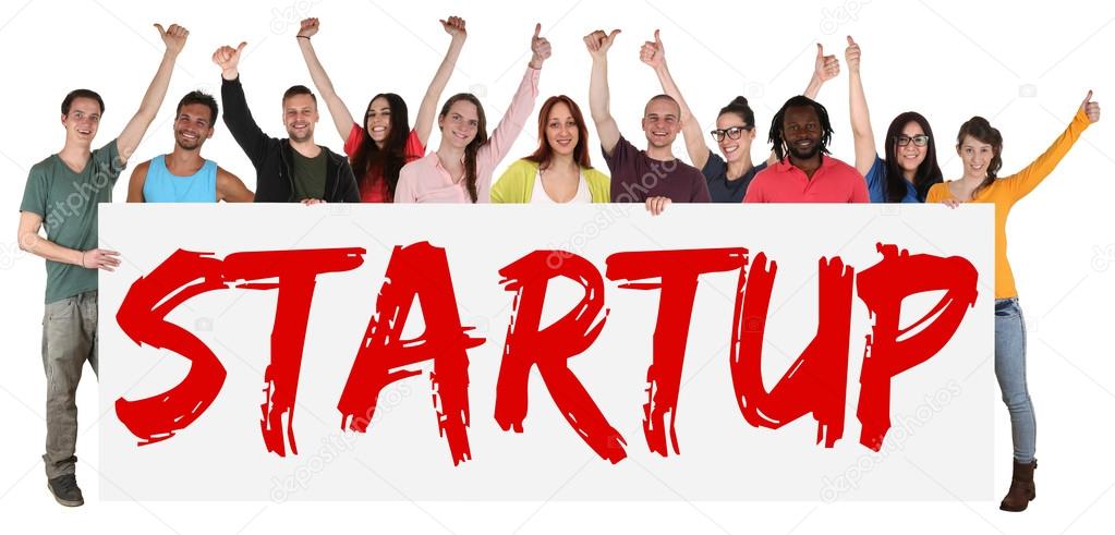 Startup, start up sign group of young students multi ethnic peop