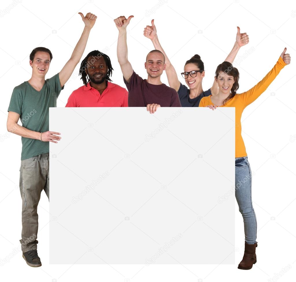 Young multi ethnic people holding empty banner with copyspace