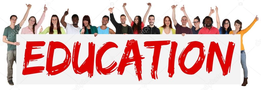 Education concept group of young multi ethnic people holding ban