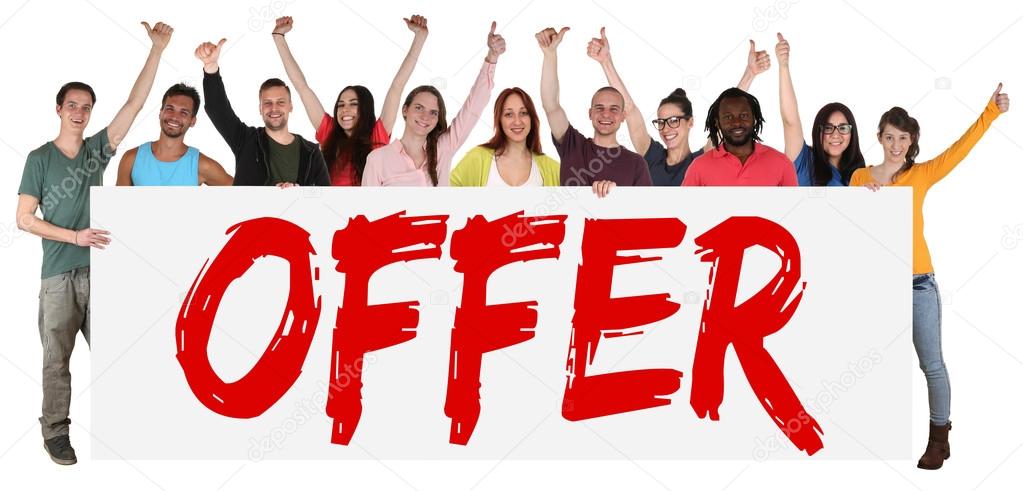 Special offer sign group of young people sale while shopping