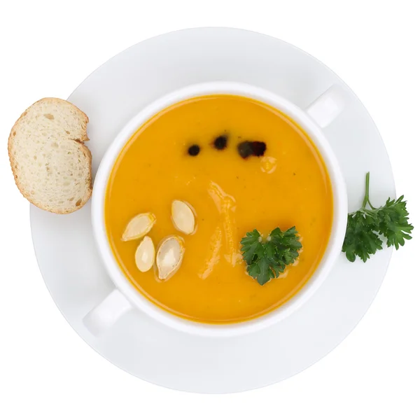 Soupe de citrouille avec des citrouilles dans un bol d'en haut isolé — Photo