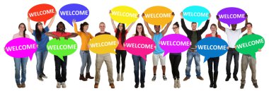 Refugees welcome group of young multi ethnic people holding spee clipart