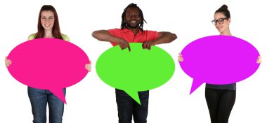 Young people holding empty speech bubbles with copyspace