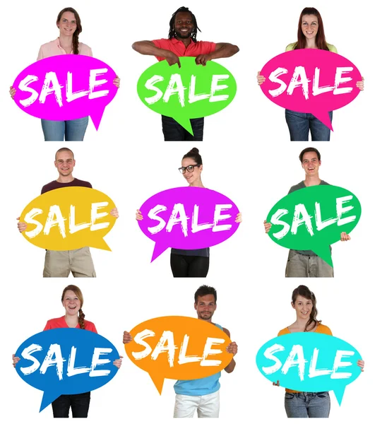 Sale shopping retail group of young people holding speech bubble — ストック写真