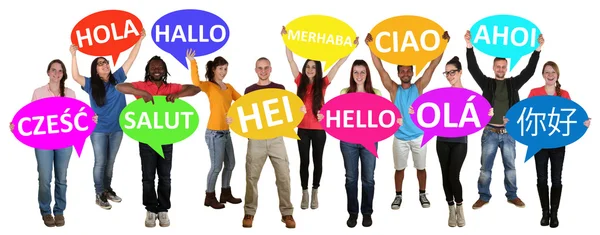 Group of young multi ethnic people holding speech bubbles with h — Stockfoto