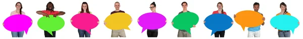 Group of young people in a row with empty speech bubbles and cop — Stockfoto