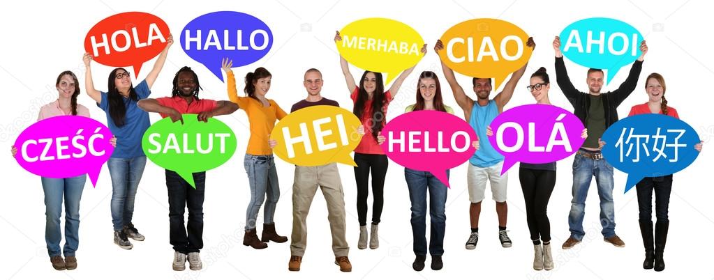 Group of young multi ethnic people holding speech bubbles with h