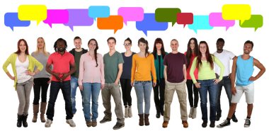 Multi ethnic group of young people talking saying with speech bu