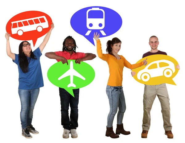 Group of people holding speech bubbles choosing bus, train, car — Stok fotoğraf