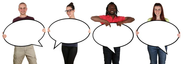 Smiling people man woman with speech bubbles and copyspace — Stockfoto