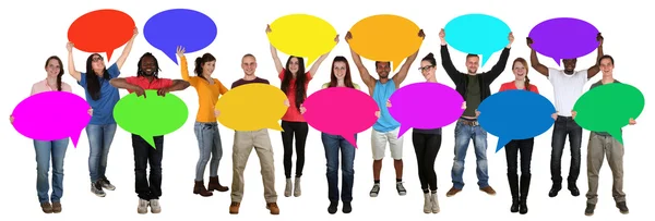 Group of young multi ethnic people holding speech bubbles with c — Stockfoto