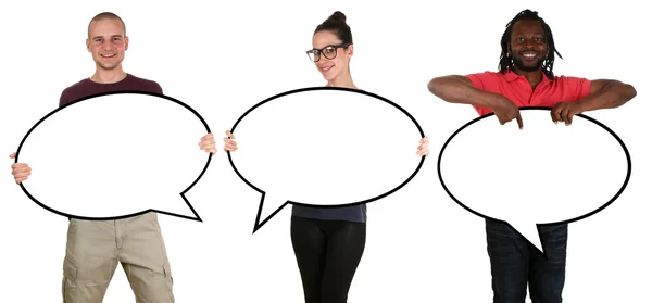 Happy people man woman holding empty speech bubbles with copyspa — Stock Photo, Image