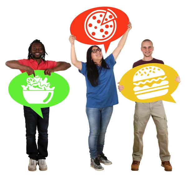 Gruppe von Menschen mit Sprechblasen wählen Pizza, Salat oder — Stockfoto