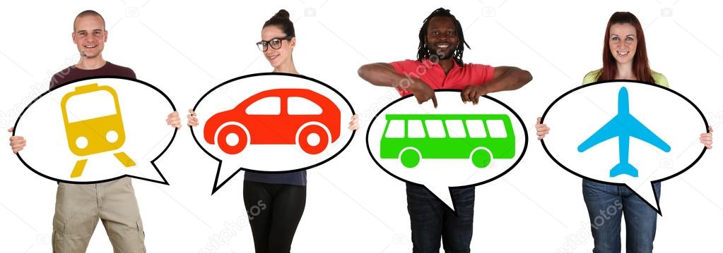 Young people choosing transport bus, train, car or plane