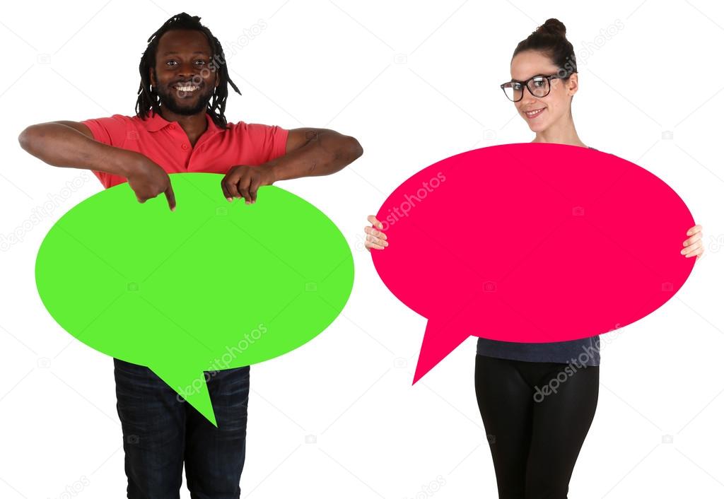 Young people man woman holding empty speech bubbles with copyspa