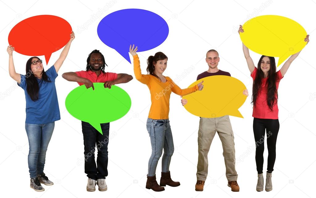 Group of happy young people holding empty speech bubbles