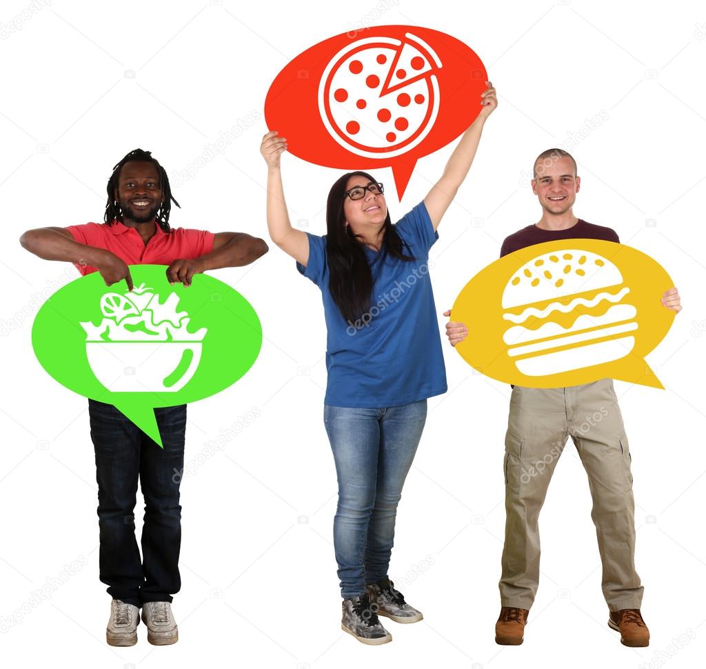 Group of people holding speech bubbles choosing pizza, salad or