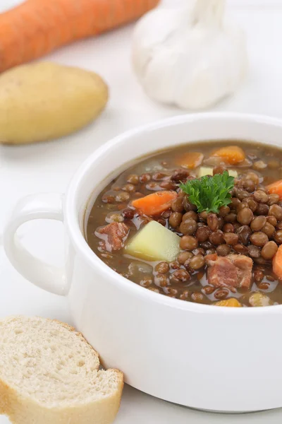 Guisado de sopa de lentilha com lentilhas close-up — Fotografia de Stock