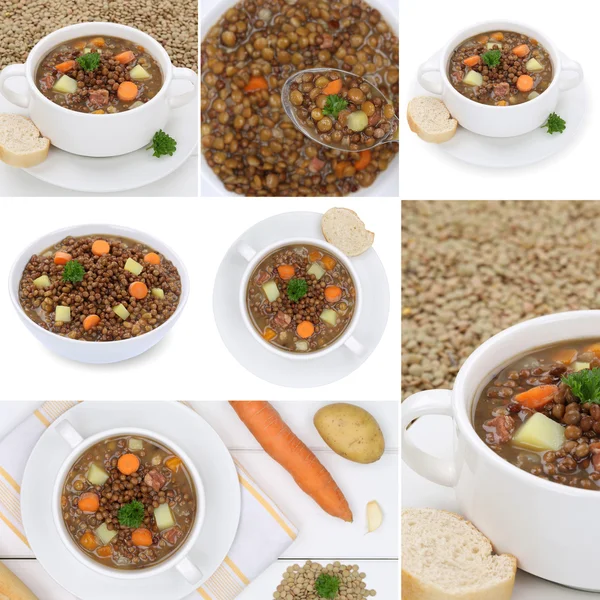 Collectie van linze soep soepen stoofpot met linzen in kom — Stockfoto