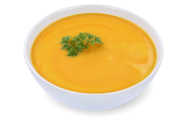Carrot soup with carrots in bowl isolated — Stock Photo, Image