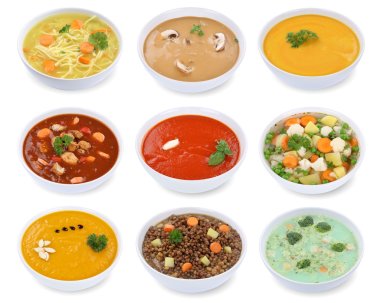 Collection of soups soup in bowl tomato vegetable noodle isolate clipart
