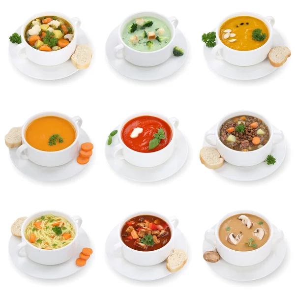 Collection of soups soup in cup tomato vegetable noodle isolated — Stock Photo, Image