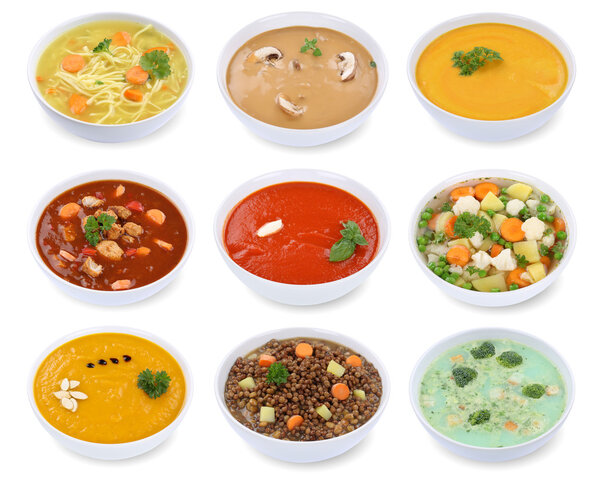 Collection of soups soup in bowl tomato vegetable noodle isolate