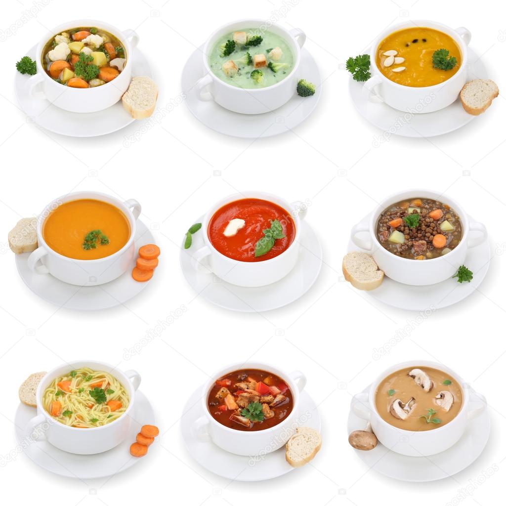 Collection of soups soup in cup tomato vegetable noodle isolated
