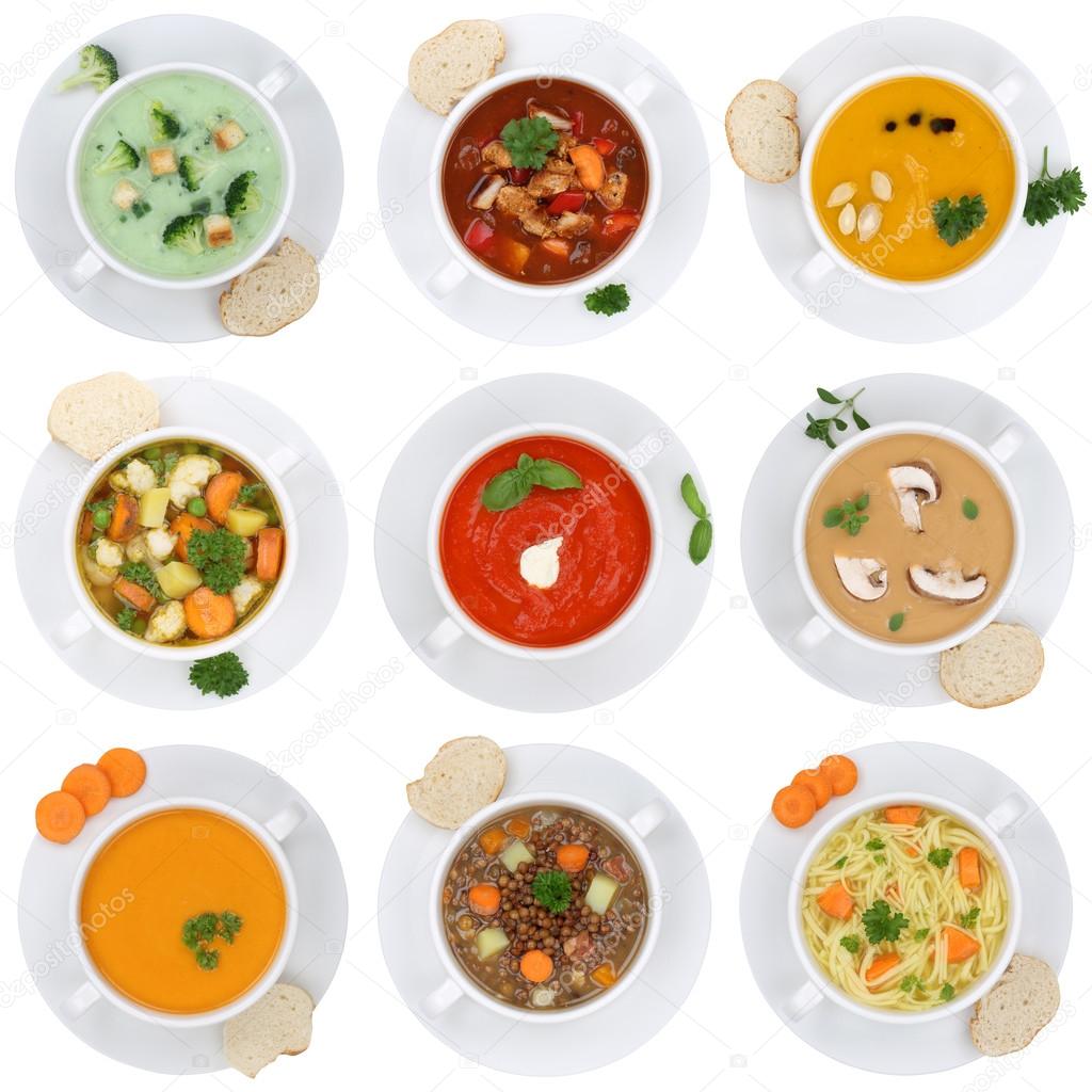 Collection of soups soup in cup tomato vegetable noodle isolated