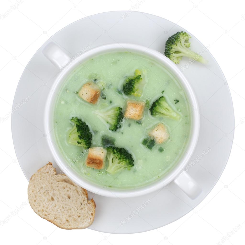 Broccoli soup in bowl from above isolated