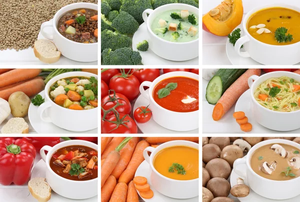 Sammlung von Suppen Suppe in Tasse Tomaten Gemüsenudeln Nahaufnahme — Stockfoto