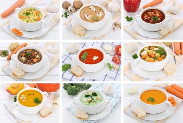 Collection of soups soup in bowl tomato vegetable noodle with ba — Stock Photo, Image