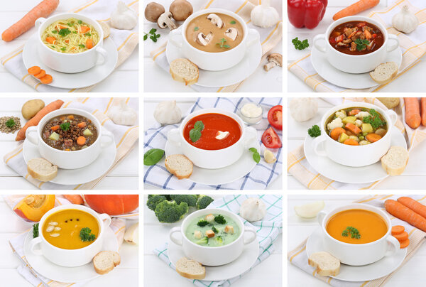 Collection of soups soup in bowl tomato vegetable noodle with ba