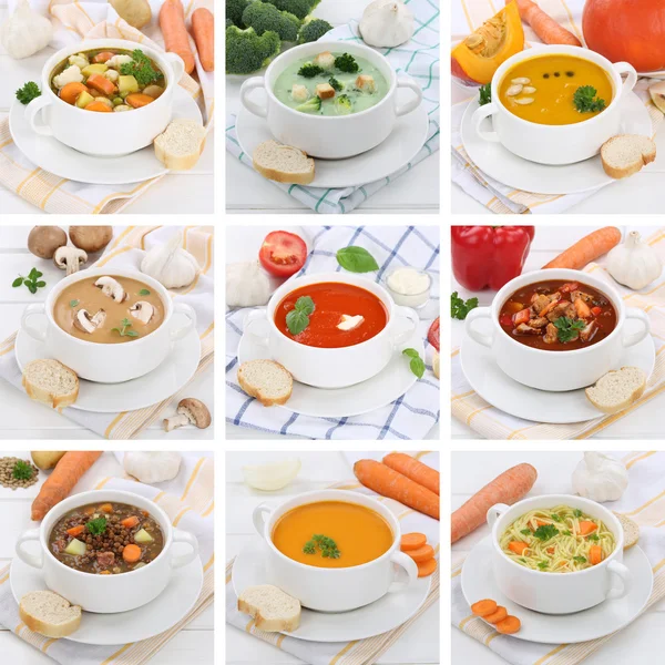 Collection of soups soup tomato vegetable noodle with baguette h — Stock Photo, Image