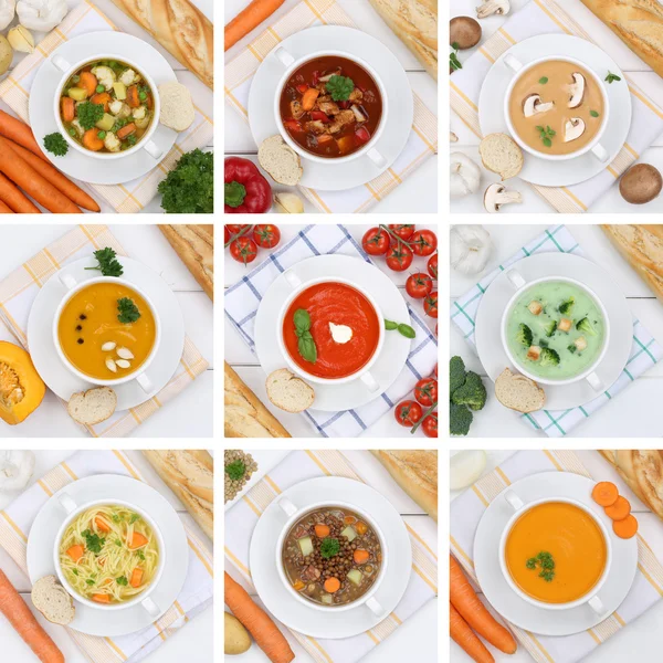 Coleção de sopas sopa de macarrão de tomate vegetal de cima curar — Fotografia de Stock