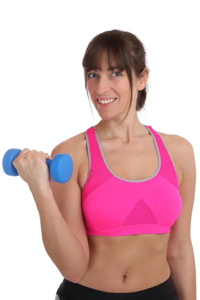 Smiling fitness woman at sports workout training with dumbbell i — 图库照片