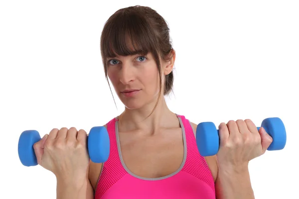 Power strong fitness woman at sports workout with dumbbells isol — ストック写真