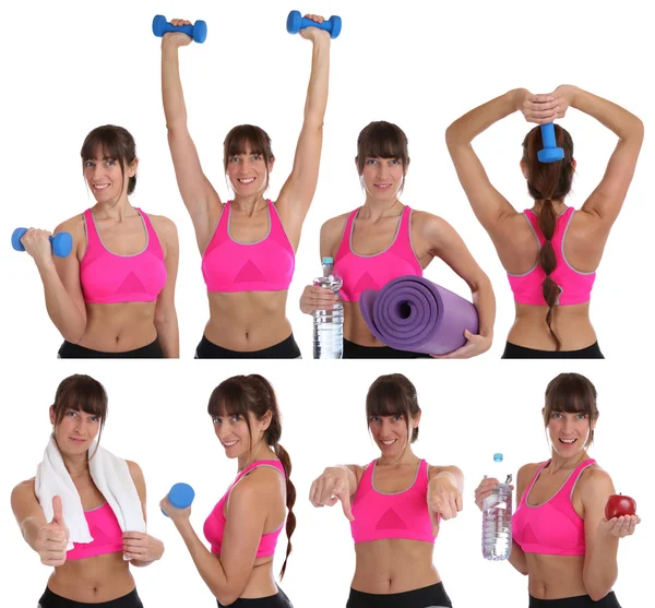 Collection of smiling fitness woman sports workout with dumbbell — Stockfoto