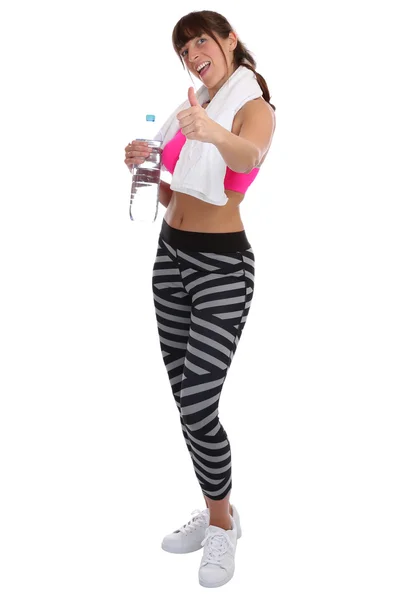 Fitness sports woman drinking water showing thumbs up full body — Stockfoto