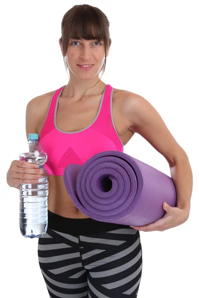 Gymnastics mat fitness woman water bottle at sports workout trai — Zdjęcie stockowe