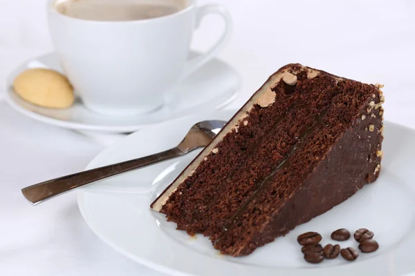 Hot coffee and sweet cake chocolate tart dessert — Stock Photo, Image