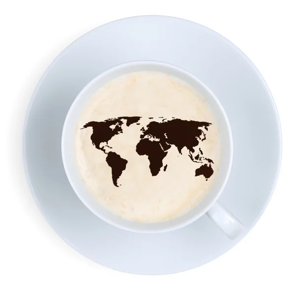 Kaffe i kopp jorden världskarta isolerade — Stockfoto
