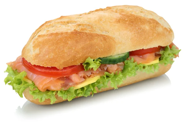 Sub deli sandwich baguette with salmon fish isolated — Stock Photo, Image