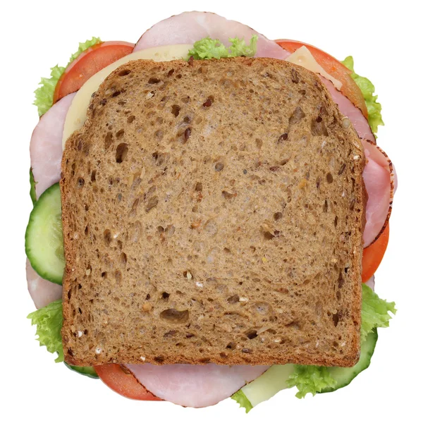 Sandwich toast brood voor het ontbijt met ham bovenaanzicht geïsoleerd — Stockfoto