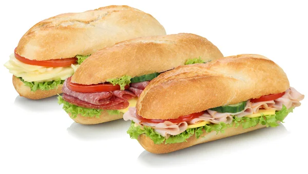 Collection of sub sandwiches baguettes with salami, ham and chee — Stock Photo, Image